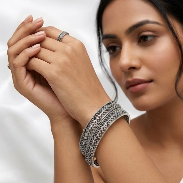 Oxidized Lattice Silver Bangles