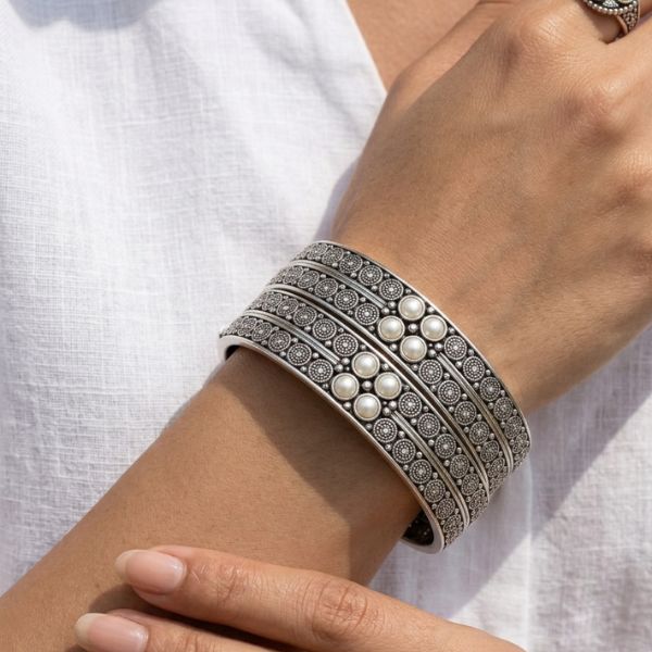Domed Filigree Silver Bangles